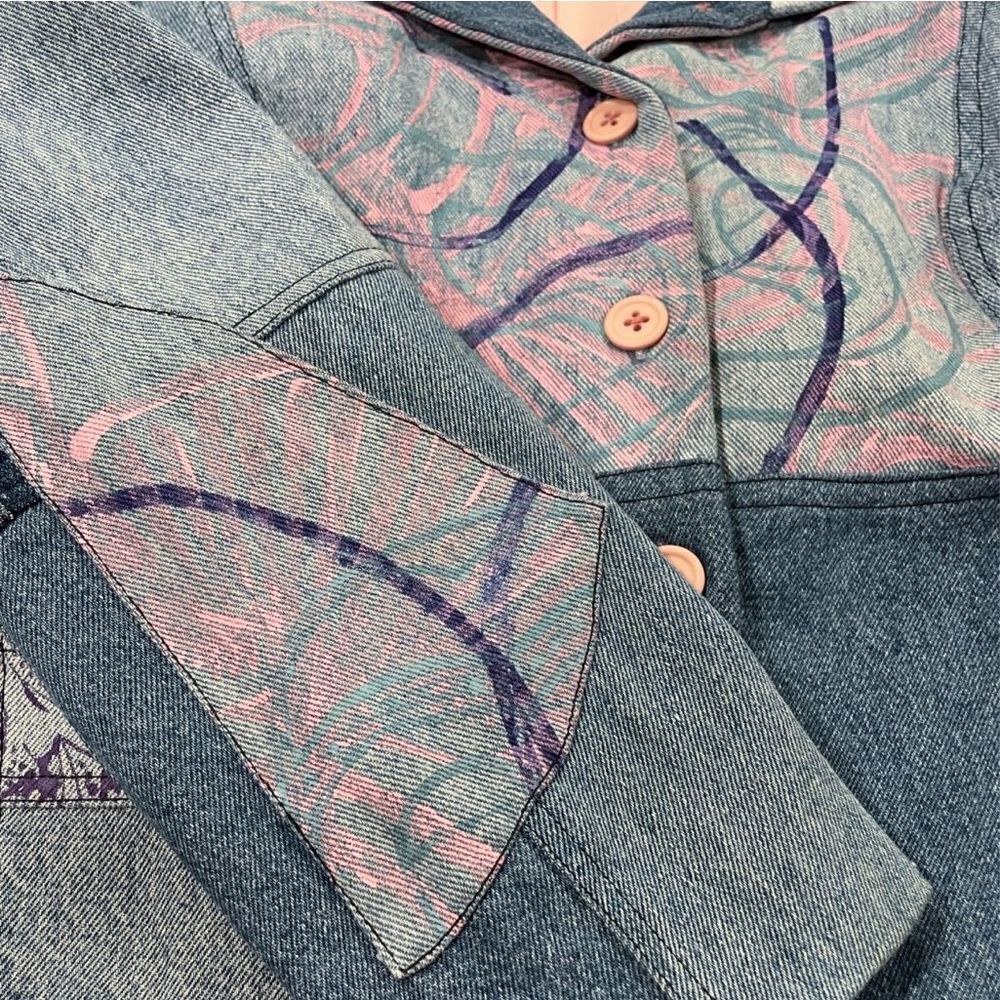 VINTAGE Original Hand Painted Upcycled Denim Patchwork Blazer Jacket Size Small - Picture 8 of 16